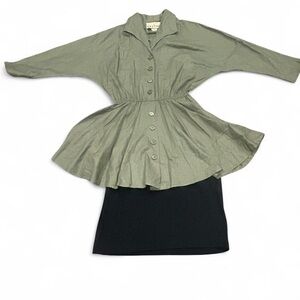 Vintage Hupburn Button-Front Peplum Shirt Dress in Olive Green
